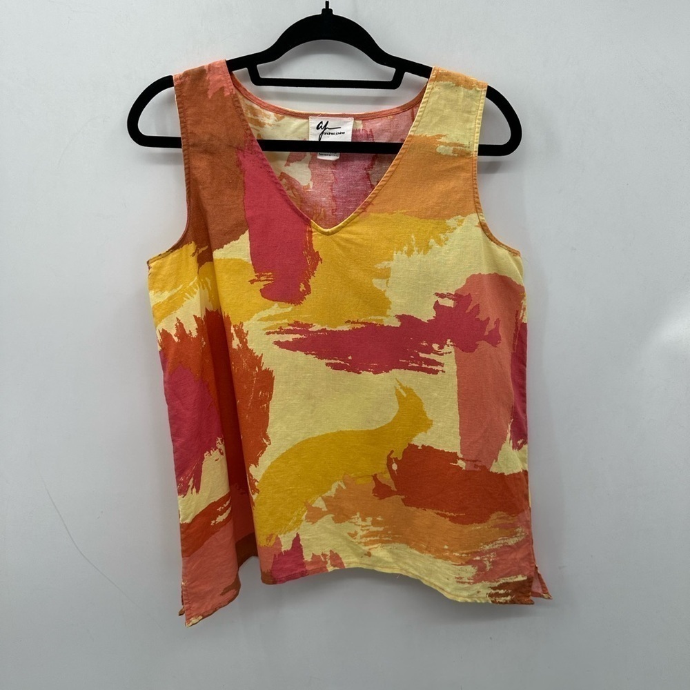 ANDREA JOVINE Brushstroke abstract Art to wear Linen womans V neck tank SMALL